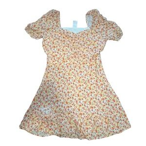 No Boundaries Floral Puff Sleeve Mini Dress Pink Orange Yellow Large NWT